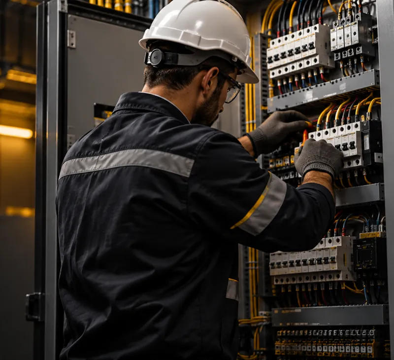 Detalhe ilustrativo de painel elétrico e técnico trabalhando